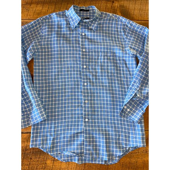 Mens Grant‎ Thomas Pure Linen Light Blue White Checker Print Button Down Shirt S - Picture 1 of 6